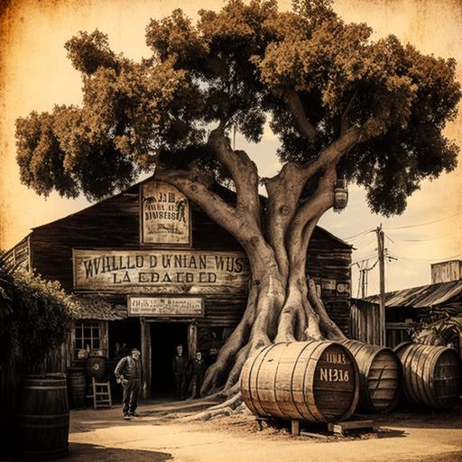 a winerie in Los Angeles in the late 1700's and in front of the winerie stands a big old Aliso tree surrounded by wood wine barrels and workers, the main point of focus is the big old Aliso tree