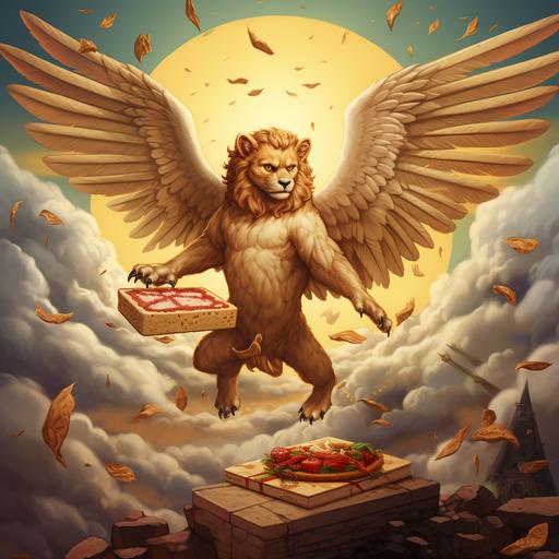 a winged lion deliverying pizza cartoon