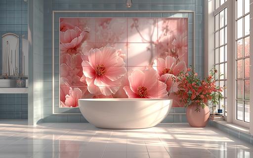a wireframe hologram of 3 stained glass windows, triptych, pastel pink peony flower, on the back wall of a modern designed bathroom --ar 16:10 --v 6.0 --s 750