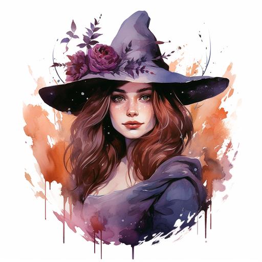 a witch, forest, autumn, watercolor illustration, purple, rose, logo