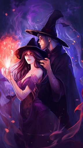 a witch girl spelling on a man, wearing dark violet dress, purple hat, full of red jewelry, spider web, snake, mist, splash, fantasy, --ar 9:16 --v 5