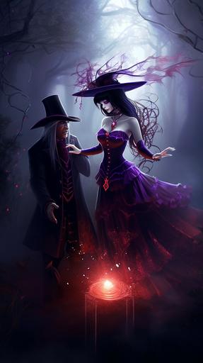 a witch girl spelling on a man, wearing dark violet dress, purple hat, full of red jewelry, spider web, snake, mist, splash, fantasy, --ar 9:16 --v 5