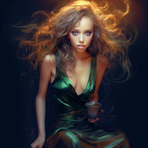 a witch with coffe hair, bottom length messy hair no clothing, happy, Full body, Beautiful anime waifu style girl, hyperdetailed painting, luminism, art by Carne Griffiths and Wadim Kashin concept art, 4k resolution, fractal isometrics details bioluminescence , 3d render, octane render, intricately detailed , cinematic, trending on artstation Isometric Centered hyperrealistic cover photo awesome full color, hand drawn , gritty, realistic mucha , intricate, hit definition , cinematic,Rough sketch, bold lines, on paper