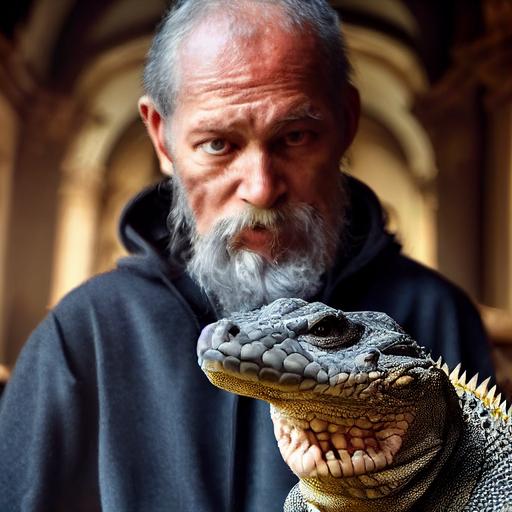 a wizard with a komodo's dragon pet in a abandoned cathedral, Ultra-HD, insanely detailed and intricate, hypermaximalist, elegant, ornate, hyper realistic, super detailed, no blur --testp --creative --upbeta