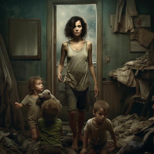 a woman coming home to a dirty house with kids