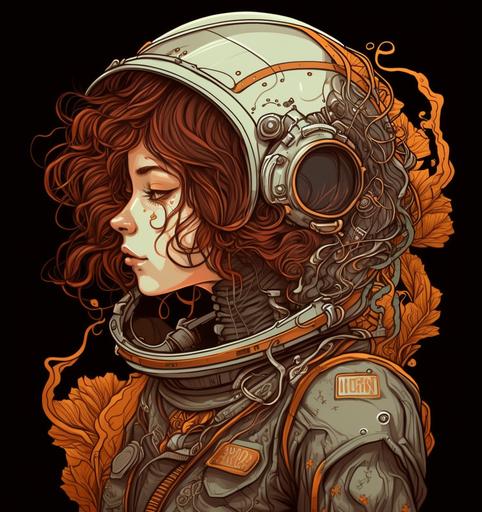 a woman dressed in a space suit and a helmet, in the style of art nouveau-inspired illustrations, dark amber and gray, nerdcore, detailed portraits, comic/cartoon, poodlepunk, calculated --ar 67:73