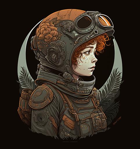 a woman dressed in a space suit and a helmet, in the style of art nouveau-inspired illustrations, dark amber and gray, nerdcore, detailed portraits, comic/cartoon, poodlepunk, calculated --ar 67:73