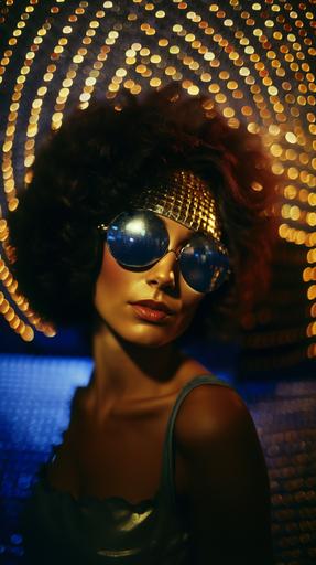 a woman head , with disco ball sunglasses with nightclub background, close up, 35mm, wide angle lens, film grain, 80s advertising, iconic album cover, --ar 9:16 --v 5.0