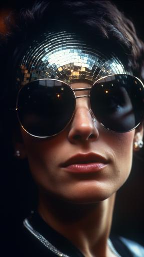 a woman head , with disco ball sunglasses with nightclub background, close up, 35mm, wide angle lens, film grain, 80s advertising, iconic album cover, --ar 9:16 --v 5.0