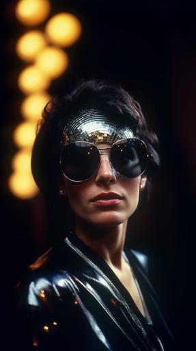 a woman head , with disco ball sunglasses with nightclub background, close up, 35mm, wide angle lens, film grain, 80s advertising, iconic album cover, --ar 9:16 --v 5.0