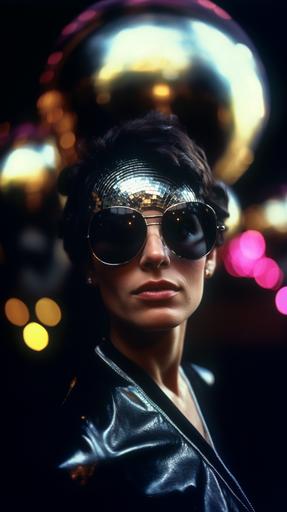 a woman head , with disco ball sunglasses with nightclub background, close up, 35mm, wide angle lens, film grain, 80s advertising, iconic album cover, --ar 9:16 --v 5.0