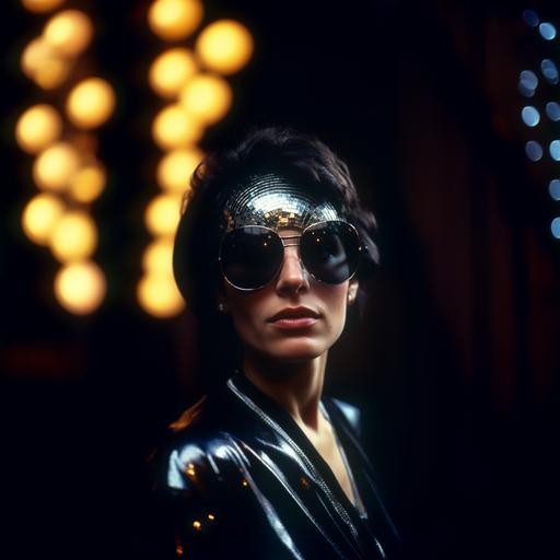 a woman head , with disco ball sunglasses with nightclub background, close up, 35mm, wide angle lens, film grain, 80s advertising, iconic album cover, --v 5.0