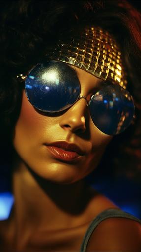 a woman head , with disco ball sunglasses with nightclub background, close up, 35mm, wide angle lens, film grain, 80s advertising, iconic album cover, --ar 9:16 --v 5.0