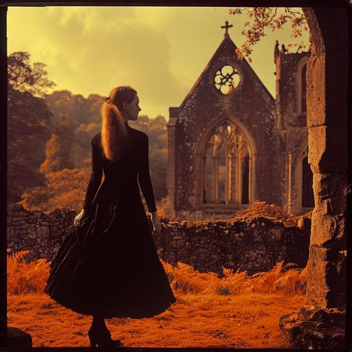 a woman in a black dress, outside a ruined abbey, taken in the 1970s, autumnal, ancient civilisation, with blunt brown border, cinematic, tropical orange lighting --v 6.0