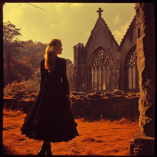 a woman in a black dress, outside a ruined abbey, taken in the 1970s, autumnal, ancient civilisation, with blunt brown border, cinematic, tropical orange lighting --v 6.0