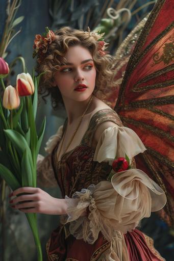 a woman in a faerietale couture fairy costume is holding out her arm holding tulips, in the style of colorized 1920s film, intricate floral arrangements, princesscore, performance, chalk, elegantly formal, movie still --ar 2:3 --v 6.0
