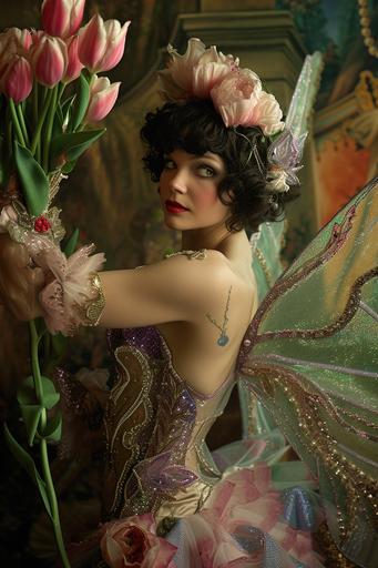 a woman in a faerietale couture fairy costume is holding out her arm holding tulips, in the style of colorized 1920s film, intricate floral arrangements, princesscore, performance, chalk, elegantly formal, movie still --ar 2:3 --v 6.0