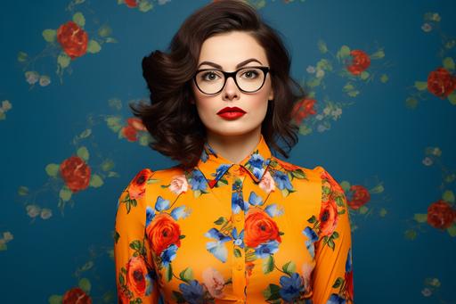 a woman in a floral dress wearing glasses is posing in front of a yellow background, in the style of high quality photo, dark azure and orange, associated press photo --ar 3:2