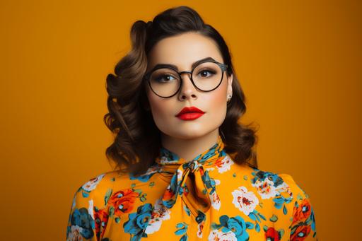 a woman in a floral dress wearing glasses is posing in front of a yellow background, in the style of high quality photo, dark azure and orange, associated press photo --ar 3:2