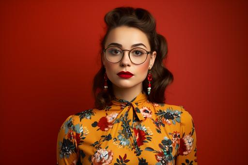 a woman in a floral dress wearing glasses is posing in front of a yellow background, in the style of high quality photo, dark azure and orange, associated press photo --ar 3:2