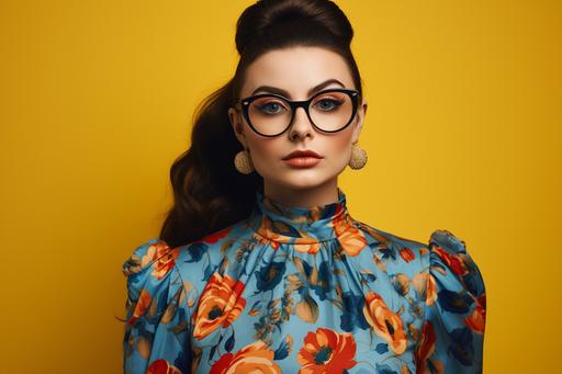 a woman in a floral dress wearing glasses is posing in front of a yellow background, in the style of high quality photo, dark azure and orange, associated press photo --ar 3:2