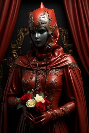 a woman in a latex bodysuit wearing a 🌈 venetian carnivale mask :she is standing in a room with dark red velvet curtains over the windows ::Hitchcock, Saudek, photorealistic, cinematic --ar 2:3 --s 750
