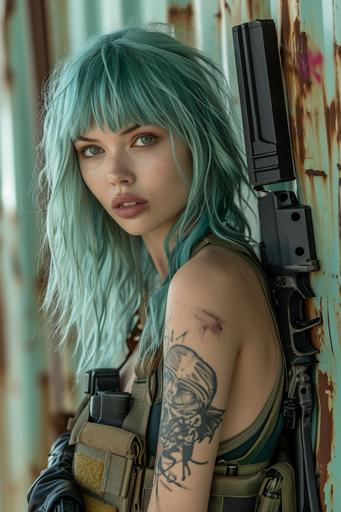 a woman in a military outfit holding a firearm and a green wig, in the style of cyberpunk imagery, light indigo and dark crimson, tattoo, 32k uhd, i can't believe how beautiful this is --ar 85:128 --c 35 --s 400 --v 6.0