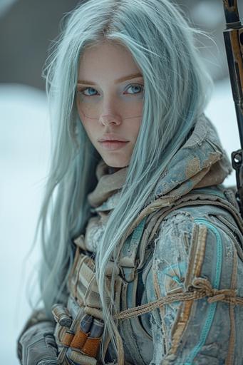 a woman in a military outfit holding a firearm and a green wig, in the style of cyberpunk imagery, light indigo and dark crimson, tattoo, 32k uhd, i can't believe how beautiful this is --ar 85:128 --c 35 --s 400 --v 6.0