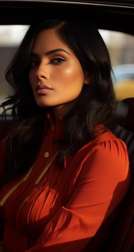 a woman in a red shirt and turtleneck is sitting in a black car, in the style of briana mora, light amber and white, manjit bawa, urban decay, vibrant colorist, wavy, light brown and maroon --ar 8:15