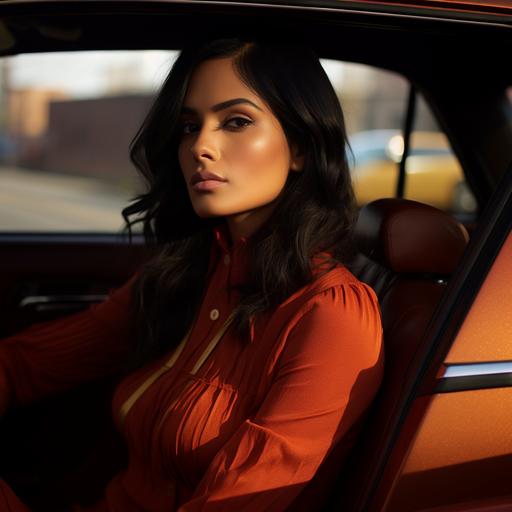 a woman in a red shirt and turtleneck is sitting in a black car, in the style of briana mora, light amber and white, manjit bawa, urban decay, vibrant colorist, wavy, light brown and maroon