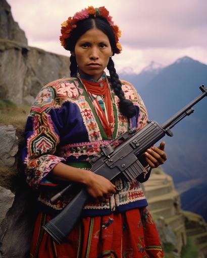 a woman in a traditional Peruvian dress holds a gun at Machu Picchu, in the style of michael eastman, malick sidibé, tarsila do amaral, captivating portraits, intricate costumes, colorized portraits, indian pop culture --ar 4:5