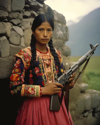 a woman in a traditional Peruvian dress holds a gun at Machu Picchu, in the style of michael eastman, malick sidibé, tarsila do amaral, captivating portraits, intricate costumes, colorized portraits, indian pop culture --ar 4:5