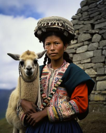 a woman in a traditional Peruvian dress holds a llama at Machu Picchu, in the style of michael eastman, malick sidibé, tarsila do amaral, captivating portraits, intricate costumes, colorized portraits, indian pop culture --ar 4:5