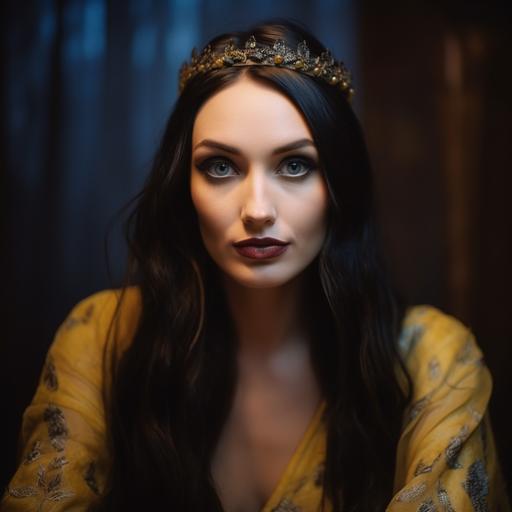 , a woman in a yellow long dress with a yellow crown on her head, with dark hair, blue eyes, professional photo and hyper realism
