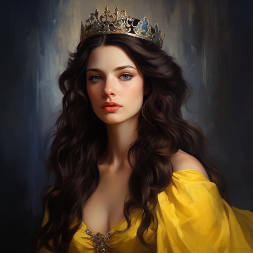 a woman in a yellow long dress with a yellow crown on her head, with dark hair, blue eyes