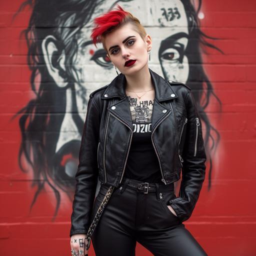 a woman in black leather pants and a picture on the chest, in the style of urban pop, dadaism, light silver and red, ashcan school, punk rock aesthetic, strong facial expression, shot on 70mm --v 5