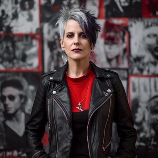 a woman in black leather pants and a picture on the chest, in the style of urban pop, dadaism, light silver and red, ashcan school, punk rock aesthetic, strong facial expression, shot on 70mm --v 5