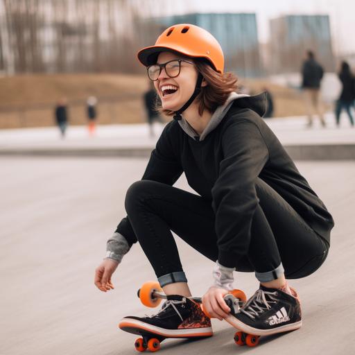 a woman in heelys at a skatepark laughing 8k --v 5.0