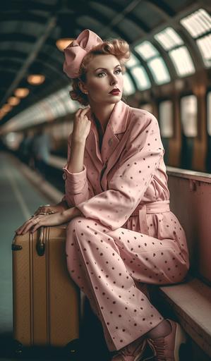 a woman in pink clothing holding luggage in a train station, in the style of polka dot madness, vintage-inspired pin-ups, rim light, subtle pastel hues --ar 80:137 --q 2 --upbeta --s 750 --v 5