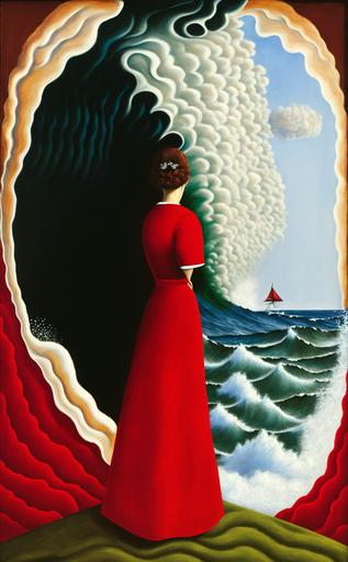 a woman in red dress, looking at an ocean wave, surrealist, oil painting, Henri Rousseau, rene magritte, Jeff Koons, Henri matisse, hilma af klint, carl johan de geer, Salvador Dali, Fenghua Zhong , Maxfield Parrish, Pablo Picasso --ar 5:8