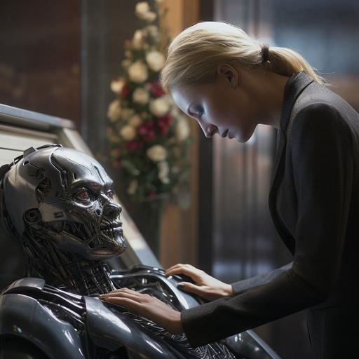 a woman is crying looking at a robot in an open coffin at a funeral, photorealistic
