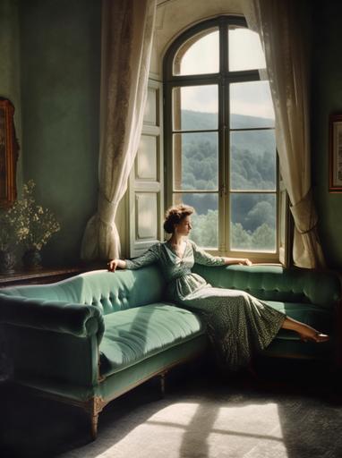 a woman is relaxing on the couch near the window, in the style of italian landscapes, light emerald and light beige, contax tix, whimsical settings, giorgio barbarelli da castelfranco, nina leen, travel --ar 35:47 --q 2 --upbeta --s 750 --v 5