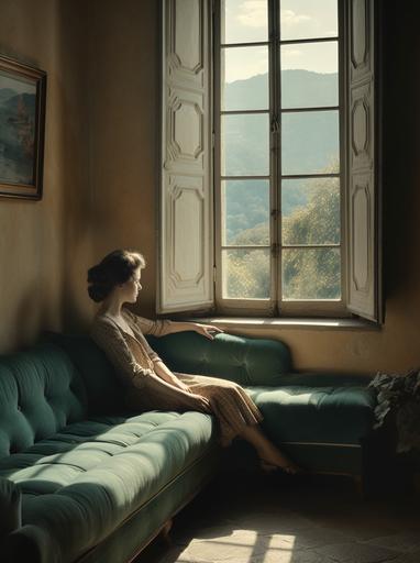 a woman is relaxing on the couch near the window, in the style of italian landscapes, light emerald and light beige, contax tix, whimsical settings, giorgio barbarelli da castelfranco, nina leen, travel --ar 35:47 --q 2 --upbeta --s 750 --v 5