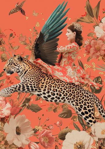 a woman is riding a leopard with wings, in the style of captivating pink tulip floral still lifes, pop culture collages, appropriation artist, elaborate beadwork, majismo, idealized beauty --ar 5:7 --v 6.0