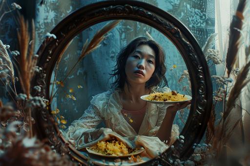 a woman is sitting beside a circular frame eating pilaf with face in three places, in the style of distorted, fractured depictions, cinematic composition, western-style portraits, experimental filmmaking, botticelli-esque figures, uhd image --ar 128:85 --v 6.0