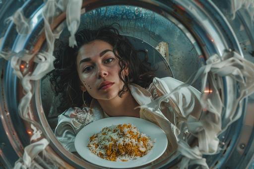 a woman is sitting beside a circular frame eating pilaf with face in three places, in the style of distorted, fractured depictions, cinematic composition, western-style portraits, experimental filmmaking, botticelli-esque figures, uhd image --ar 128:85 --v 6.0