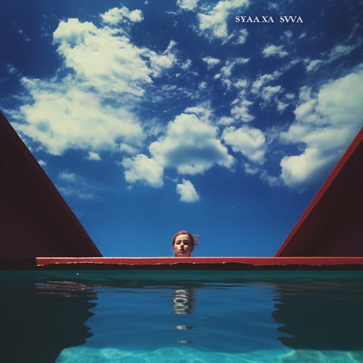 a woman is swimming in a pool with a blue sky, in the style of dark sky-blue and light red, album covers, soggy, photo taken with provia, eerie, neon, candid portraits