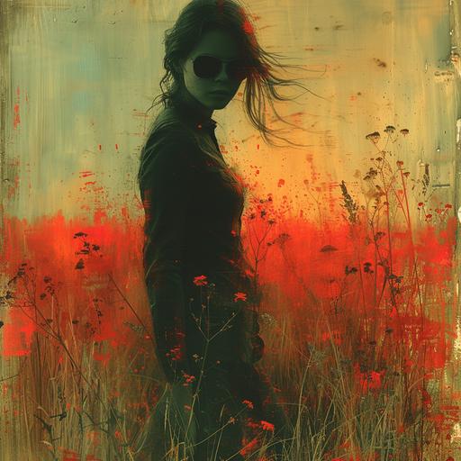 a woman is walking in a field and holding sunglasses, in the style of abstracted portraiture, adrian donoghue, taylor wessing, jeremy mann, mirrored, color reversal film, stencil art, no underground --v 6.0 --s 750