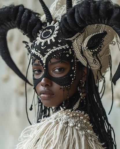 a woman is wearing a horned mask wearing some black and white attire, in the style of made of beads and yarn, conceptual art pieces, mexican folklore-inspired, organic form, intricate still lifes, bugcore, meditative color contrasts --ar 13:16 --s 750 --v 6.0