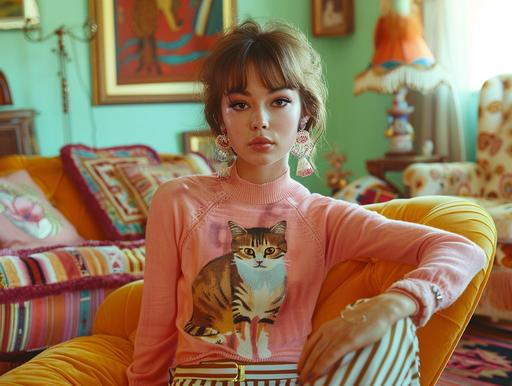 a woman model sitting with a blank expression, straight short 1970s hair, sitting askew in a bright pastel-coloured 1960s living room styled like the set of a Wes Anderson film, she wears a retro Dolce and Gabbana top that has the image of a cat printed on it, she has large earrings, Her Dolce and Gabbana sweater features a pretty cat image on the sweater in pastel colours, Horse shirt and high waisted paints, striped pants dramatic model pose, photo from 1970, light soft colours, large earrings, vogue magazine 1970s vintage fashion editorial, pastel minimal photo movie still by Wes Anderson --ar 4:3 --s 400